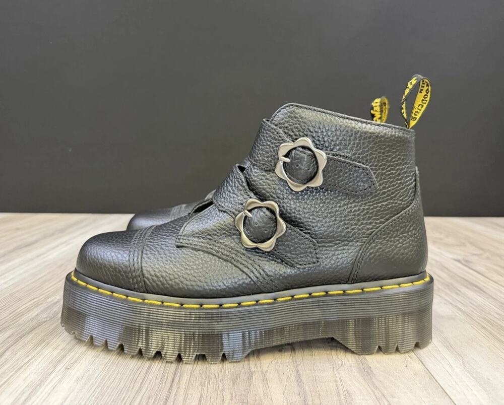Dr. Martens Devon Flower Buckle Black Leather Platform Boots Womens Size 10 NEW